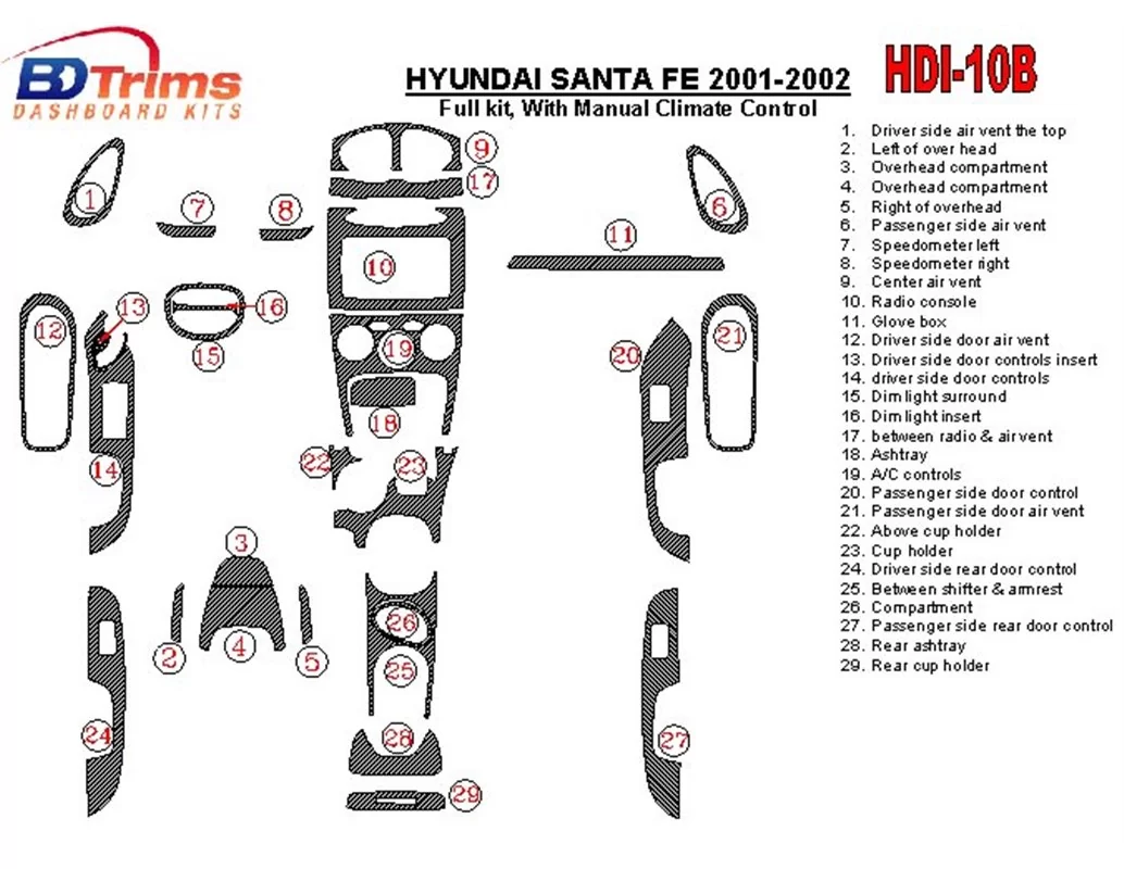 Hyundai Santa Fe 2001-2002 Full Set, With Manual Gearbox, Climate Control, 29 Parts set Interior BD Dash Trim Kit - 1