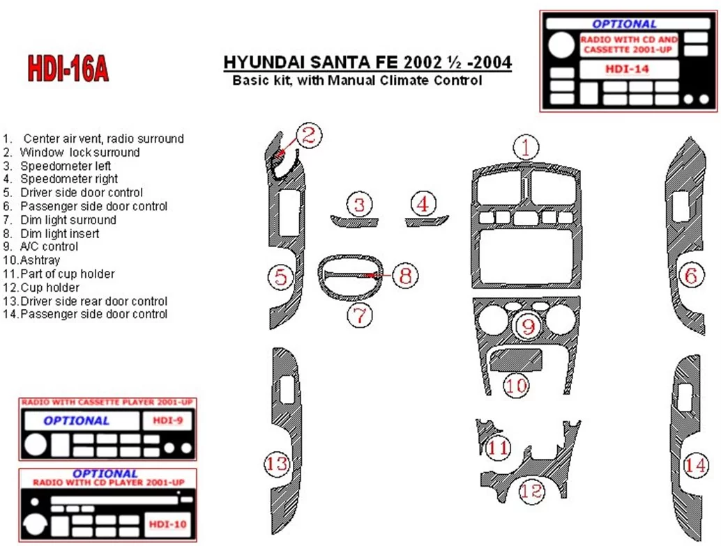 Hyundai Santa Fe 2002-2004 Basic Set, With Manual Gearbox Climate Control, 15 Parts set Interior BD Dash Trim Kit - 1