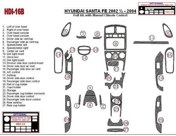 Ensemble complet Hyundai Santa Fe 2002-2004, avec boîte de vitesses manuelle, climatisation, ensemble de 28 pièces Kit de garnit