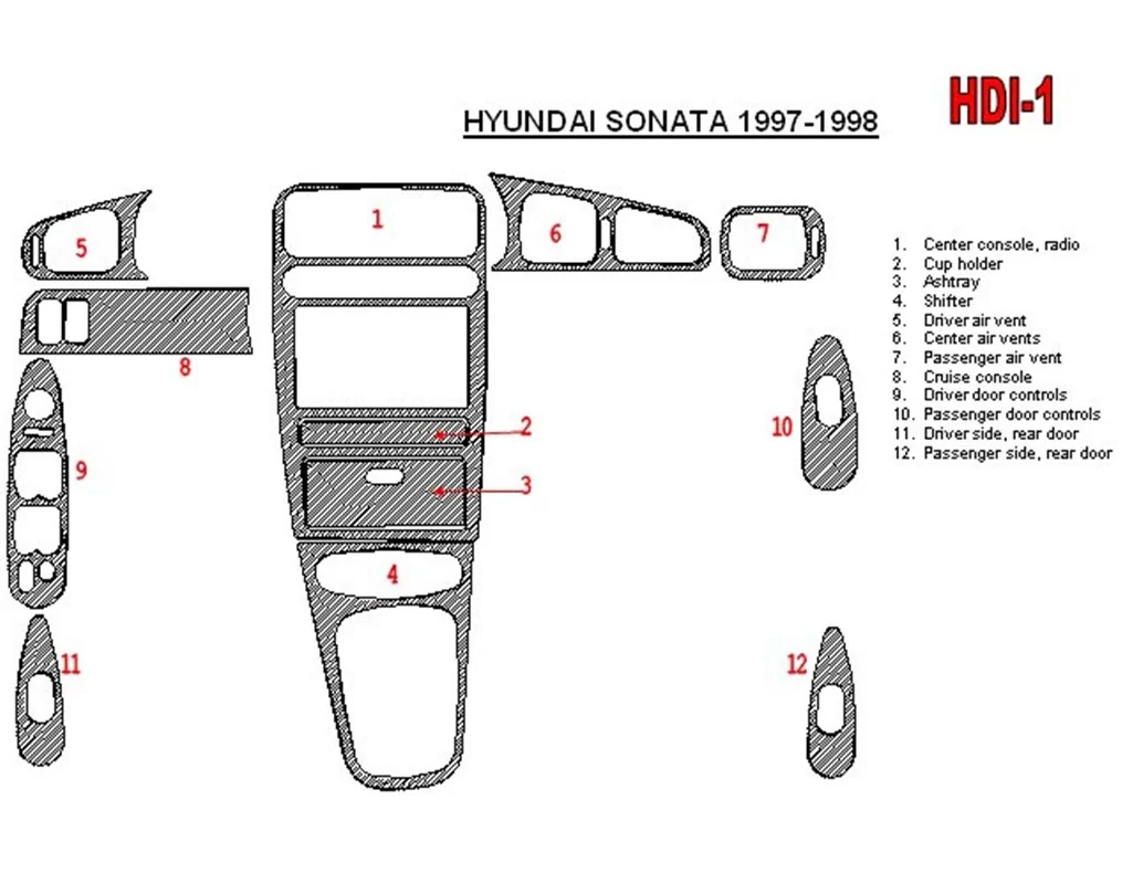Hyundai Sonata 1997-1998 Ensemble complet, ensemble de 12 pièces Kit de garniture de tableau de bord intérieur BD - 1