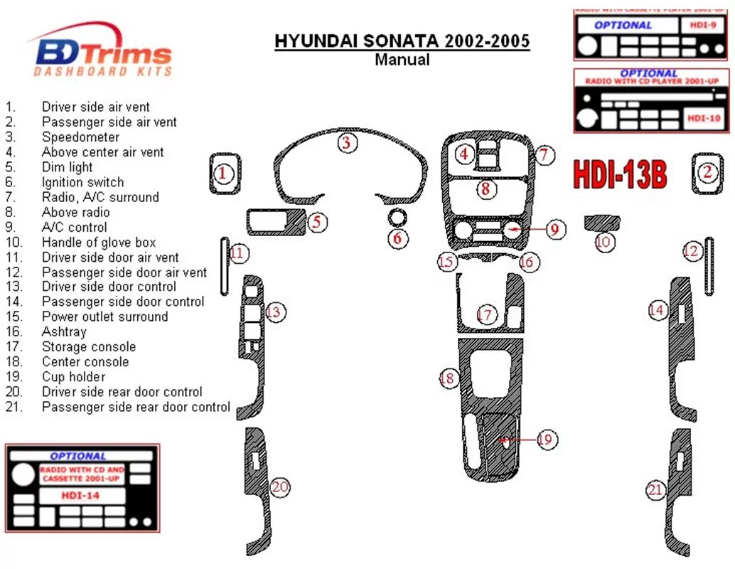 Hyundai Sonata 2002-2005 Voor Handgeschakelde Versnellingsbak Interieur BD Dash Trim Kit - 1