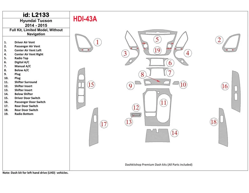 Hyundai Tucson 2014-2015 Volledige set, zonder NAVI, GLS-model Interieur BD Dash Trim Kit - 1