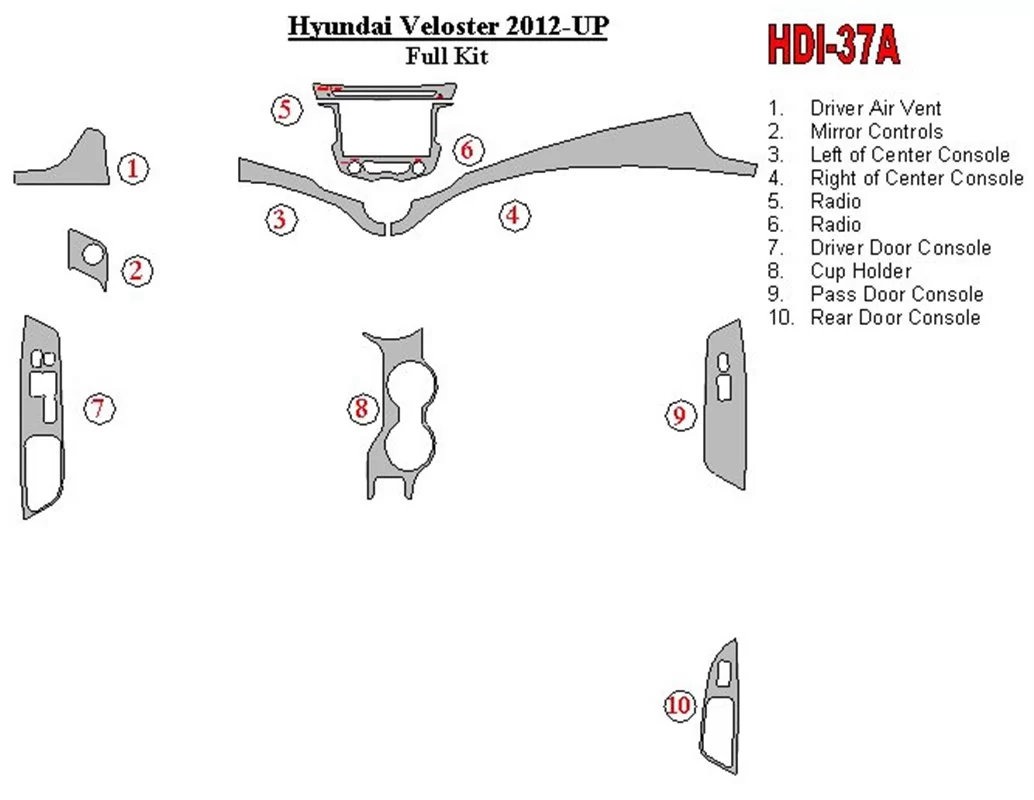 Hyundai Veloster 2012-UP Kit de garniture de tableau de bord intérieur BD complet - 1