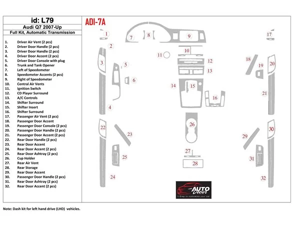 Audi Q7 2007-UP Full Set, Automatic Gear, Aluminum OEM Interior BD Dash Trim Kit