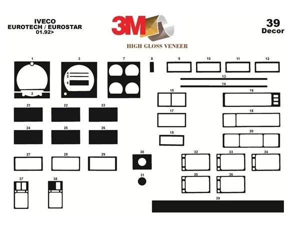 Iveco Eurotech-Eurostar 01.92-01.00 Kit de garniture de tableau de bord intérieur 3D Dash Trim Dekor 39-Parts