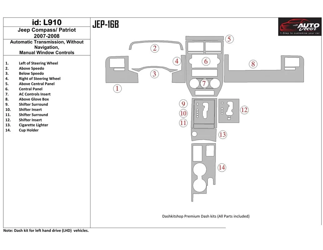 Jeep Compass 2007-2008 Boîte de vitesses automatique, sans NAVI, commandes de fenêtre de boîte de vitesses manuelle Kit de garni