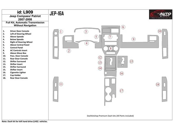 Jeep Compass 2007-2008 Full Set, Automatic Gear, Without NAVI Interior BD Dash Trim Kit - 1 - Interior Dash Trim Kit