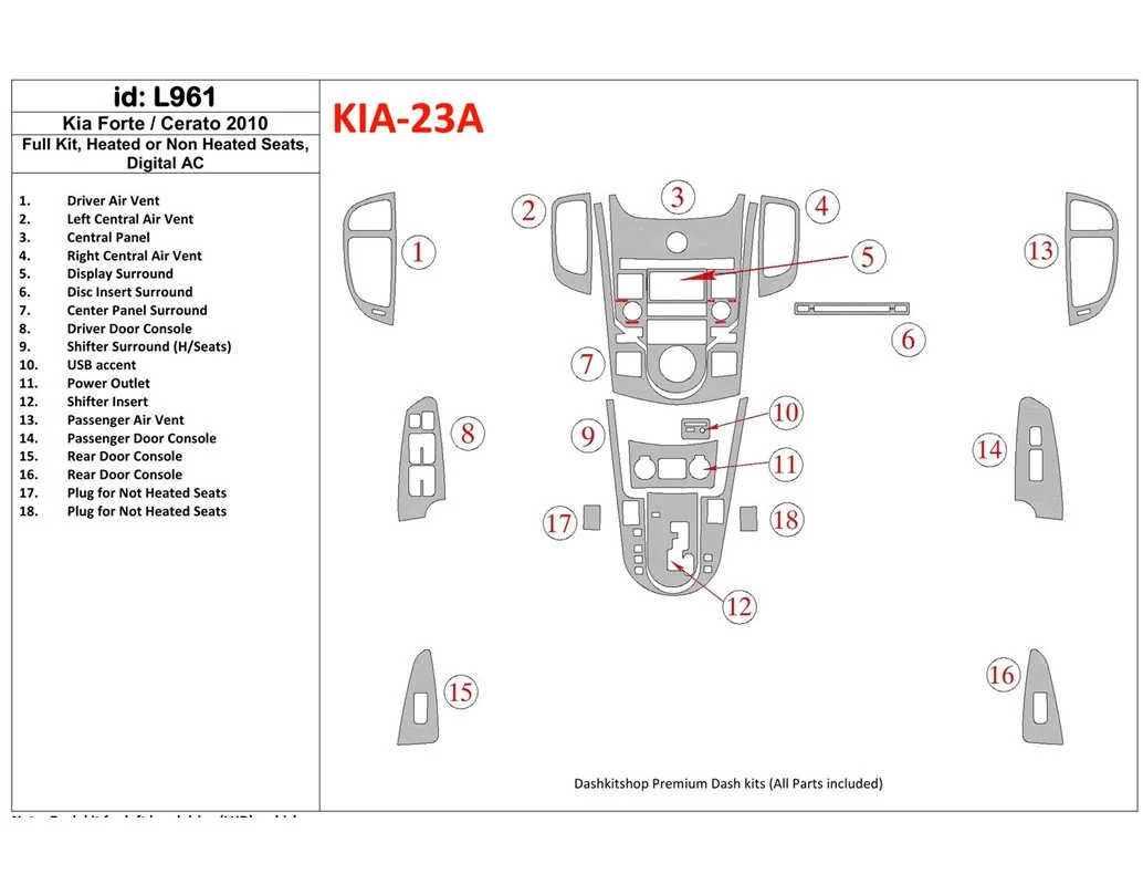 KIA Cerato 2010-2011 volledige set, sedan interieur BD dash trim kit - 1