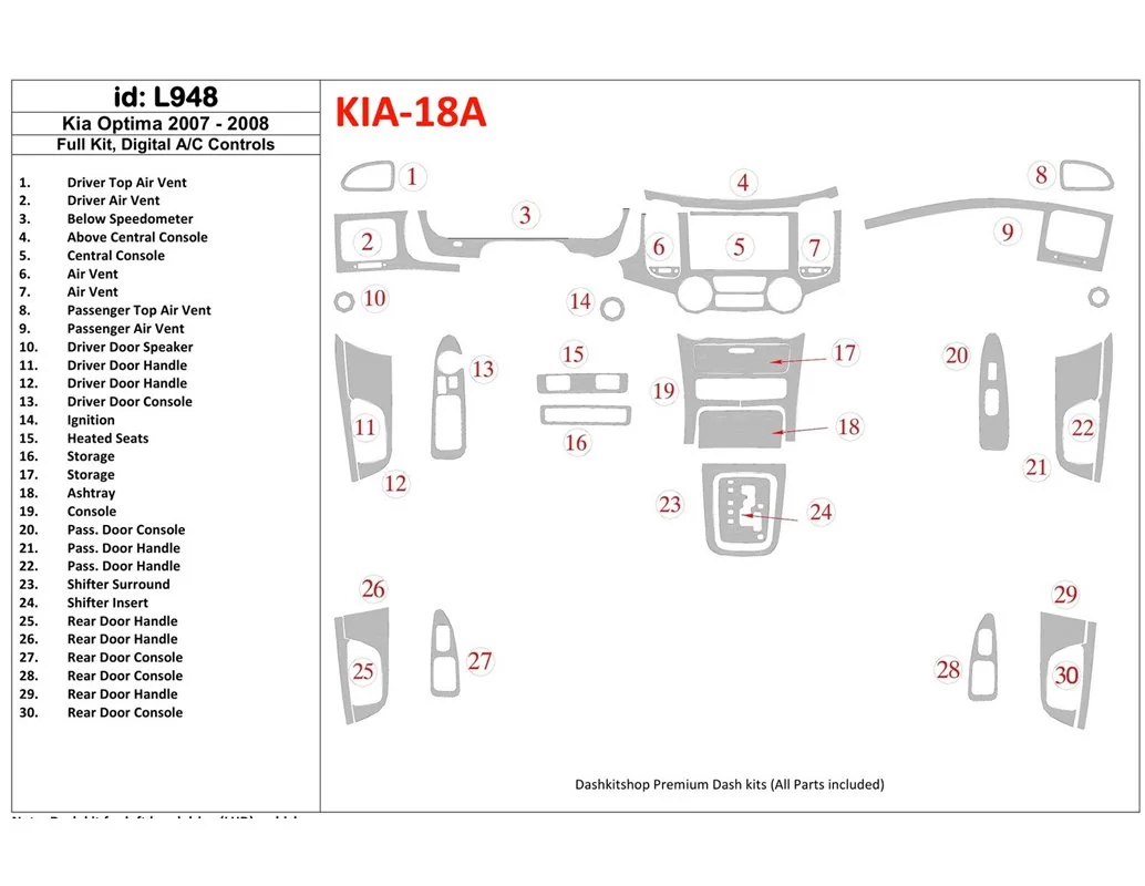 KIA Optima 2007-2008 Ensemble complet, kit de garniture de tableau de bord intérieur BD à contrôle automatique de la climatisati