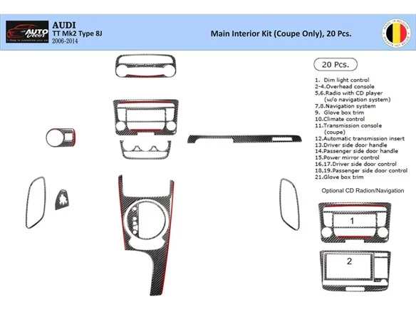 Audi TT 2008-2014-Coupe 3D Interior Dashboard Trim Kit Dash Trim Dekor 20-Parts