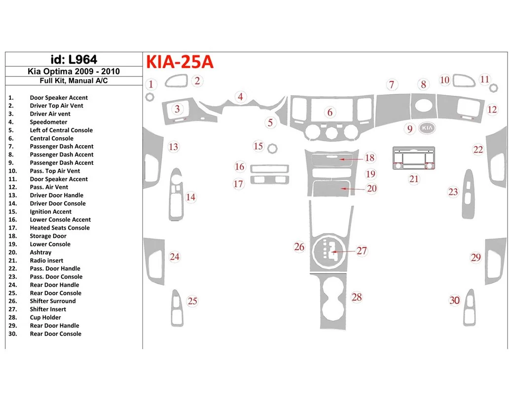 KIA Optima 2009-2010 Ensemble complet, Boîte de vitesses manuelle AC Intérieur BD Dash Trim Kit - 1