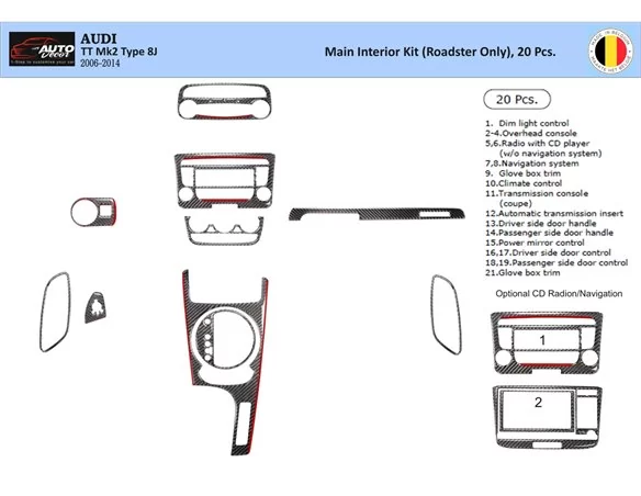 Audi TT 2008-2014-Roadster Inleg dashboard Interieurset aansluitend en pasgemaakt op he 20 -Teile
