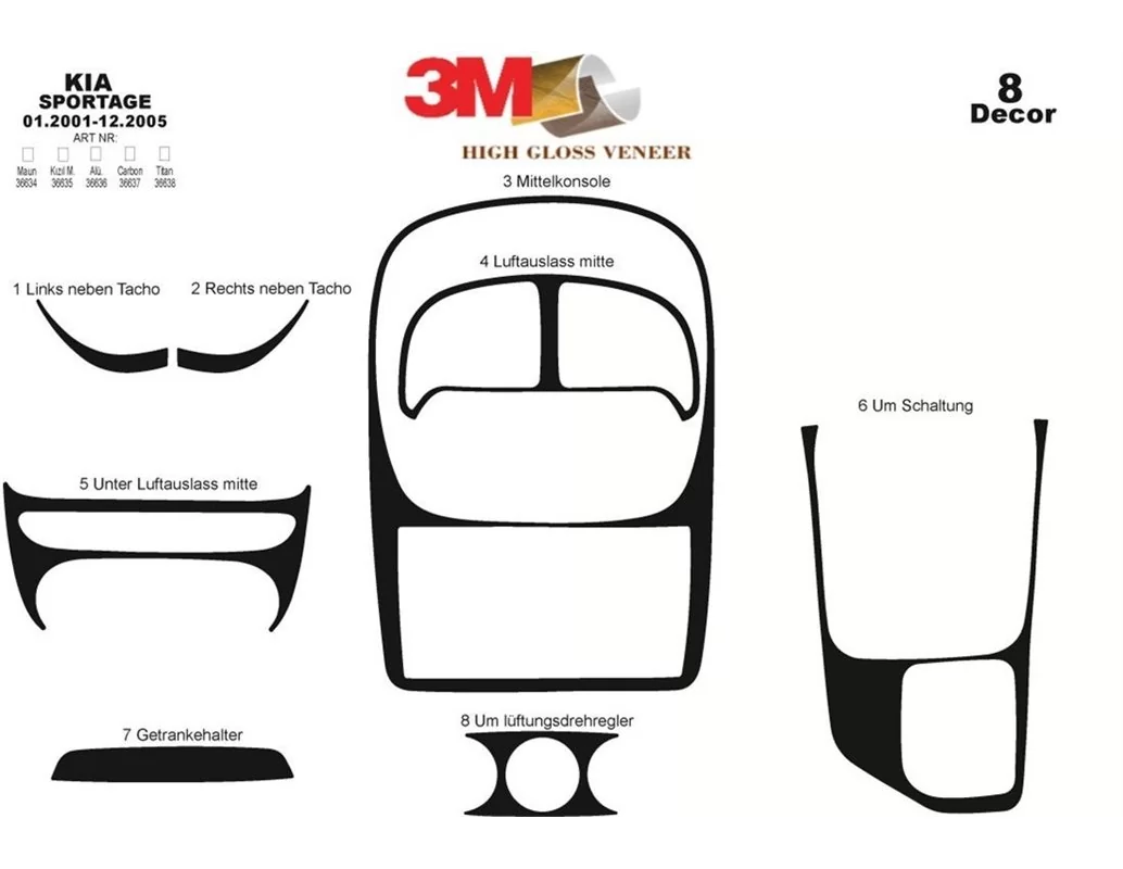 Kia Sportage 01.01-12.05 Kit de garniture de tableau de bord intérieur 3D Dash Trim Dekor 8-Parts - 1