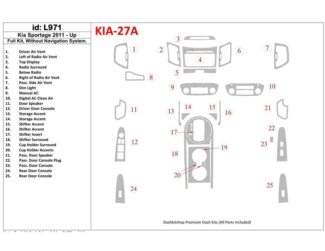 KIA Sportage 2011-UP Volledige set, zonder NAVI-systeem Interieur BD Dash Trim Kit - 1