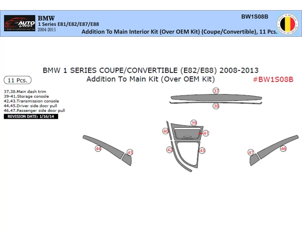 BMW Série 1 E81 E88 2004-2011 Kit de garniture de tableau de bord intérieur 3D Dash Trim Dekor 11-Parts - 1