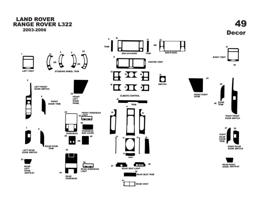 Land Rover Range Rover 2003-2006 Kit de garniture de tableau de bord intérieur 3D Dash Trim Dekor 49-Parts - 1