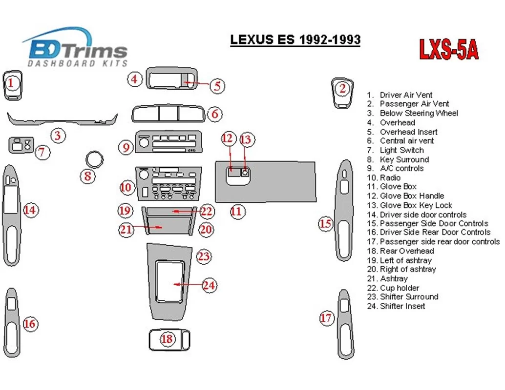 Lexus ES 1992-1993 Volledige set, OEM-naleving Interieur BD Dash Trim Kit - 1