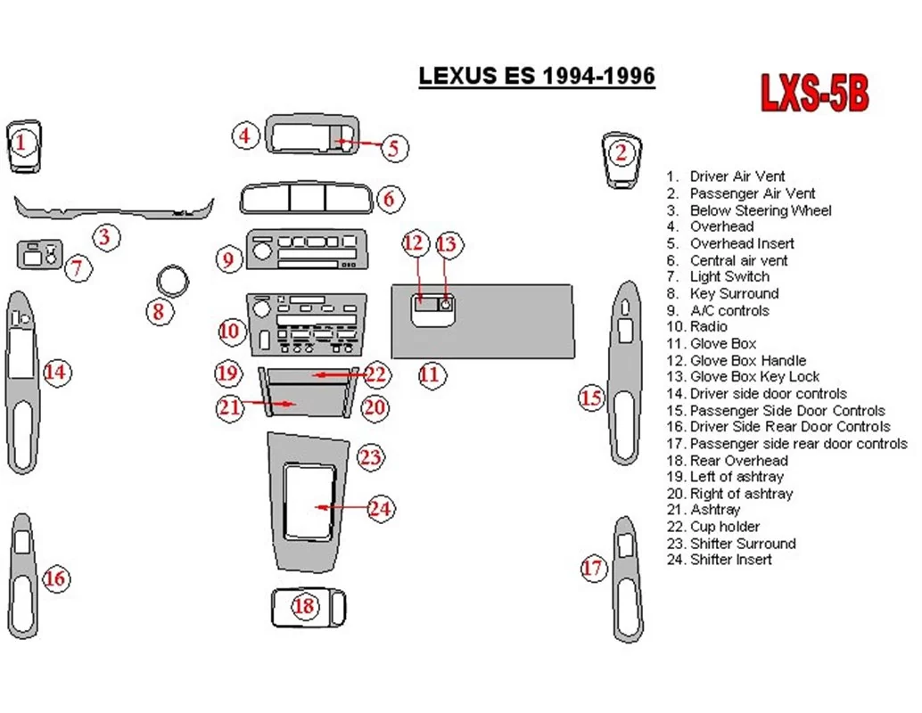 Ensemble complet Lexus ES 1994-1996, kit de garniture de tableau de bord intérieur BD conforme OEM - 1