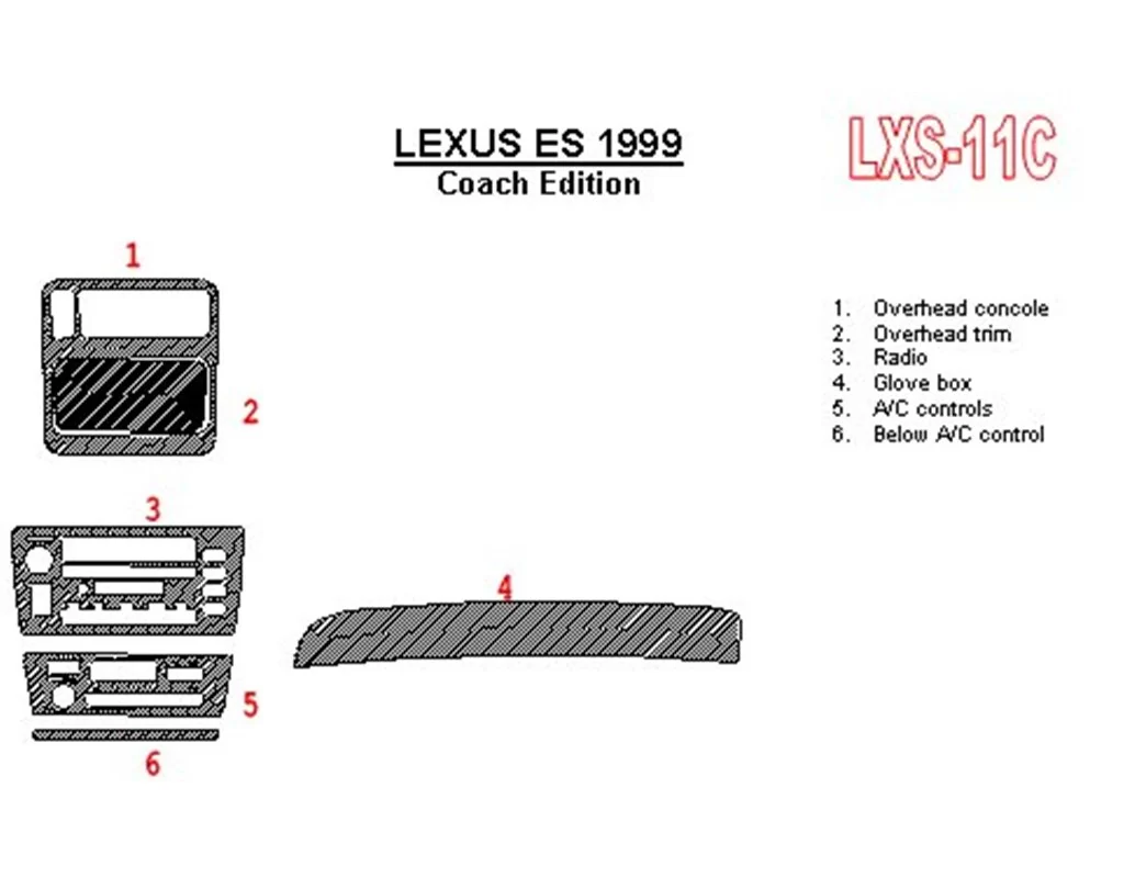 Lexus ES 1999-1999 Volledige set, Coach Edition OEM-naleving Interieur BD Dash Trim Kit - 1