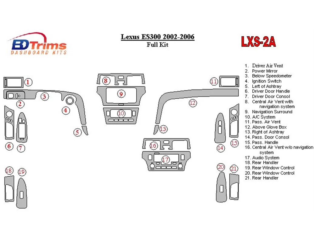 Lexus ES 2002-2006 Ensemble complet de garnitures de tableau de bord intérieur BD - 1