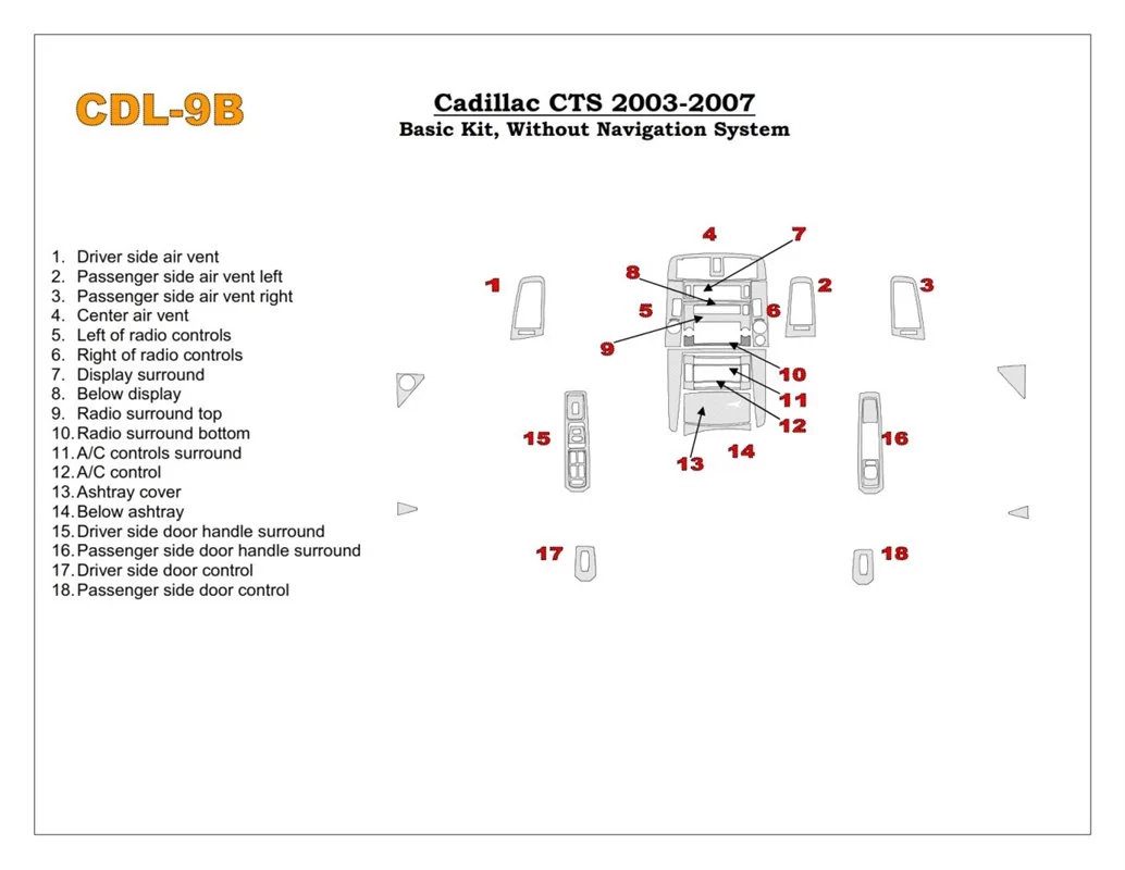 Car accessories Cadillac CTS 2003-2007 Basic Set, 18 Parts set Interior BD Dash Trim Kit