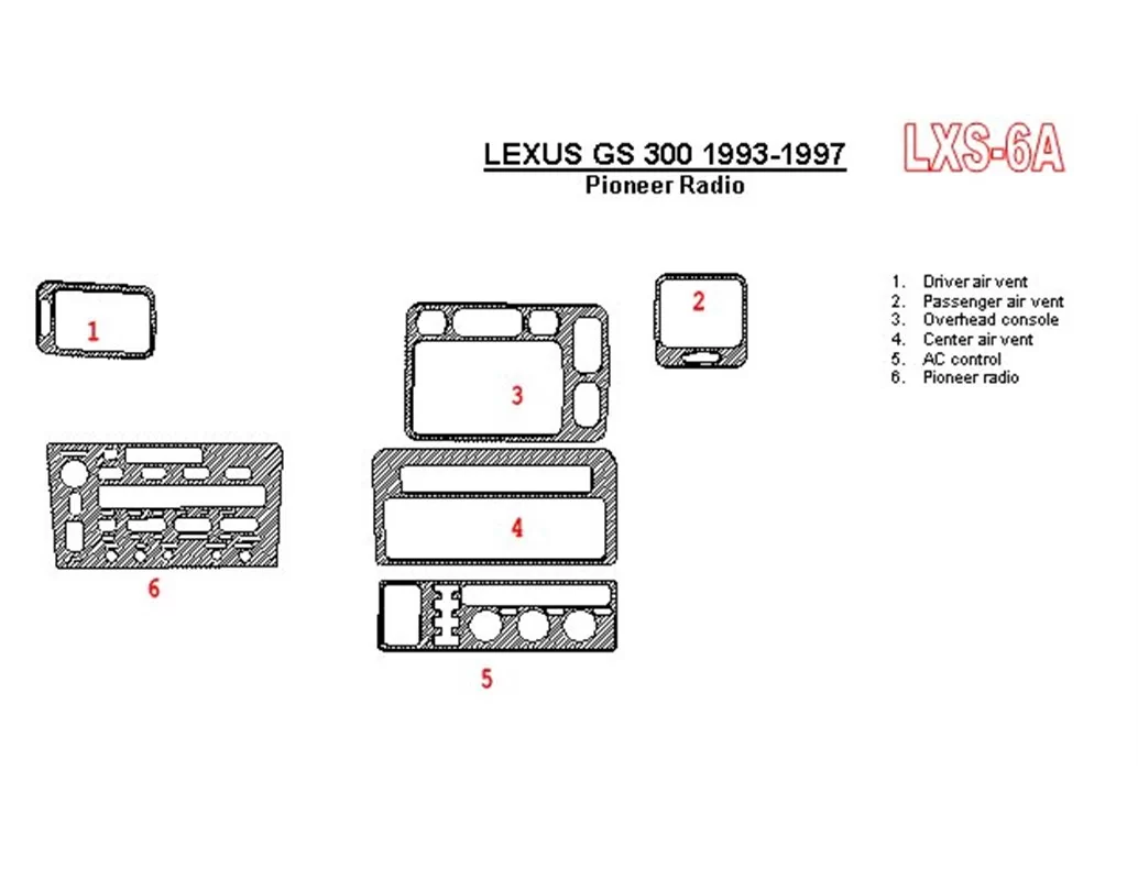 Lexus GS 1993-1997 Pioneer Radio, OEM Compliance, 6 Parts set Interior BD Dash Trim Kit - 1