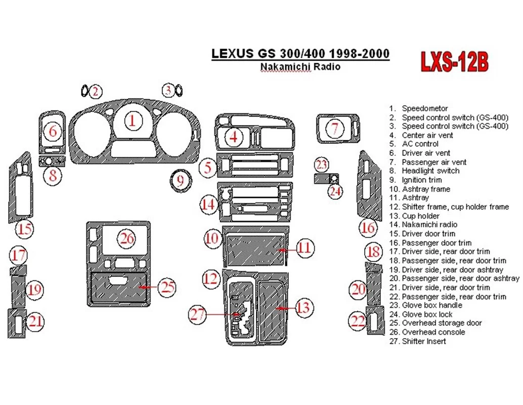 Lexus GS 1998-2000 Nakamichi-radio, OEM-naleving, 26-delige set Interieur BD dashboardafwerkingsset - 1