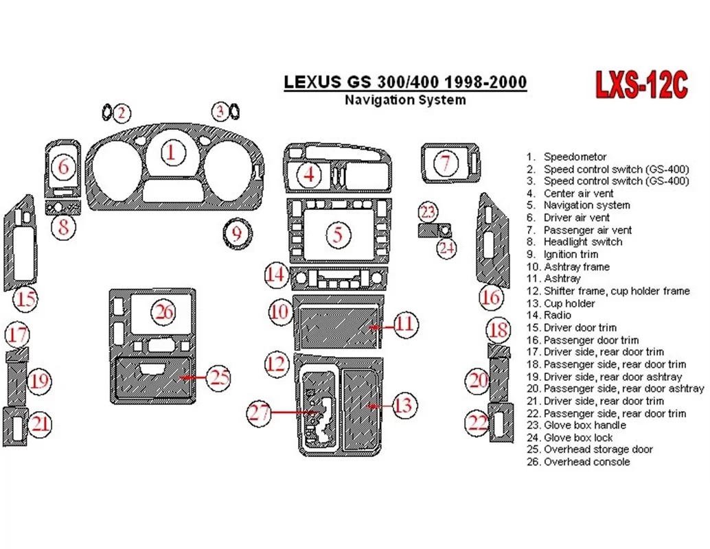 Lexus GS 1998-2000 Navigatiesysteem, OEM-naleving, 26-delige set Interieur BD Dash Trim Kit - 1