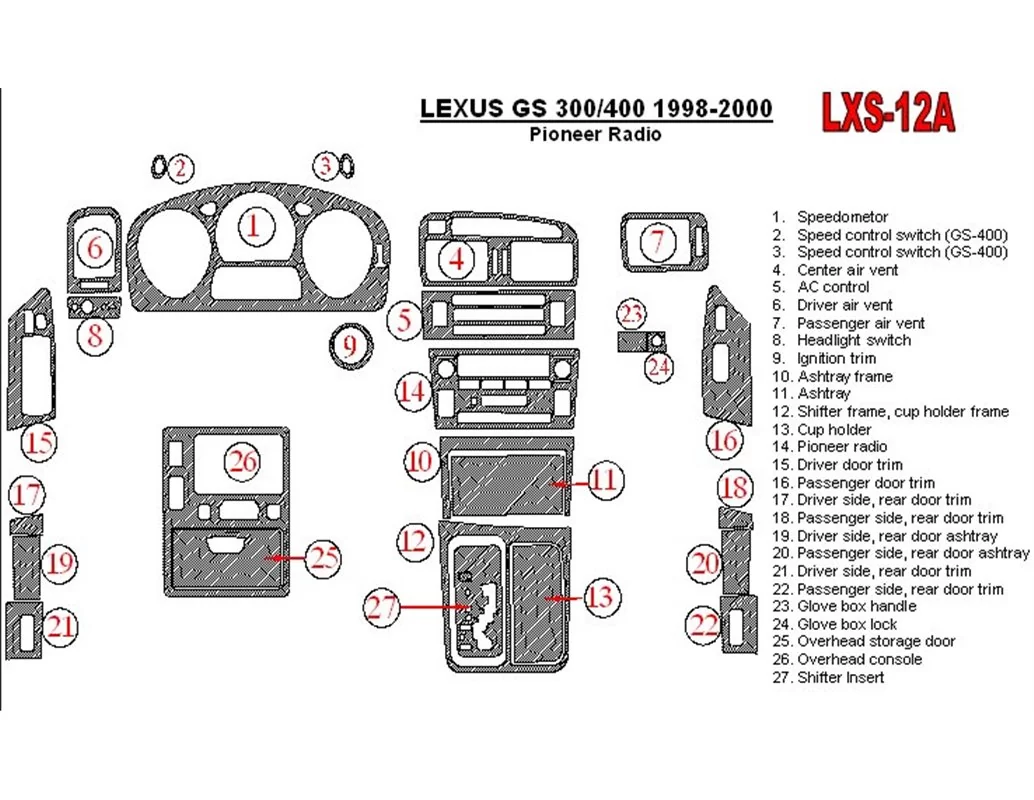 Lexus GS 1998-2000 Pioneer Radio, OEM Compliance, 26 Parts set Interior BD Dash Trim Kit - 1