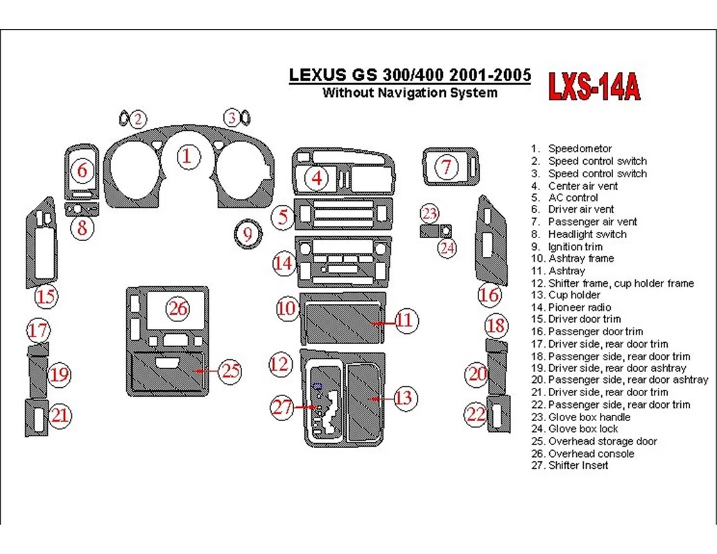 Lexus GS 2001-2005 Zonder NAVI-systeem, OEM-naleving Interieur BD Dash Trim Kit - 1