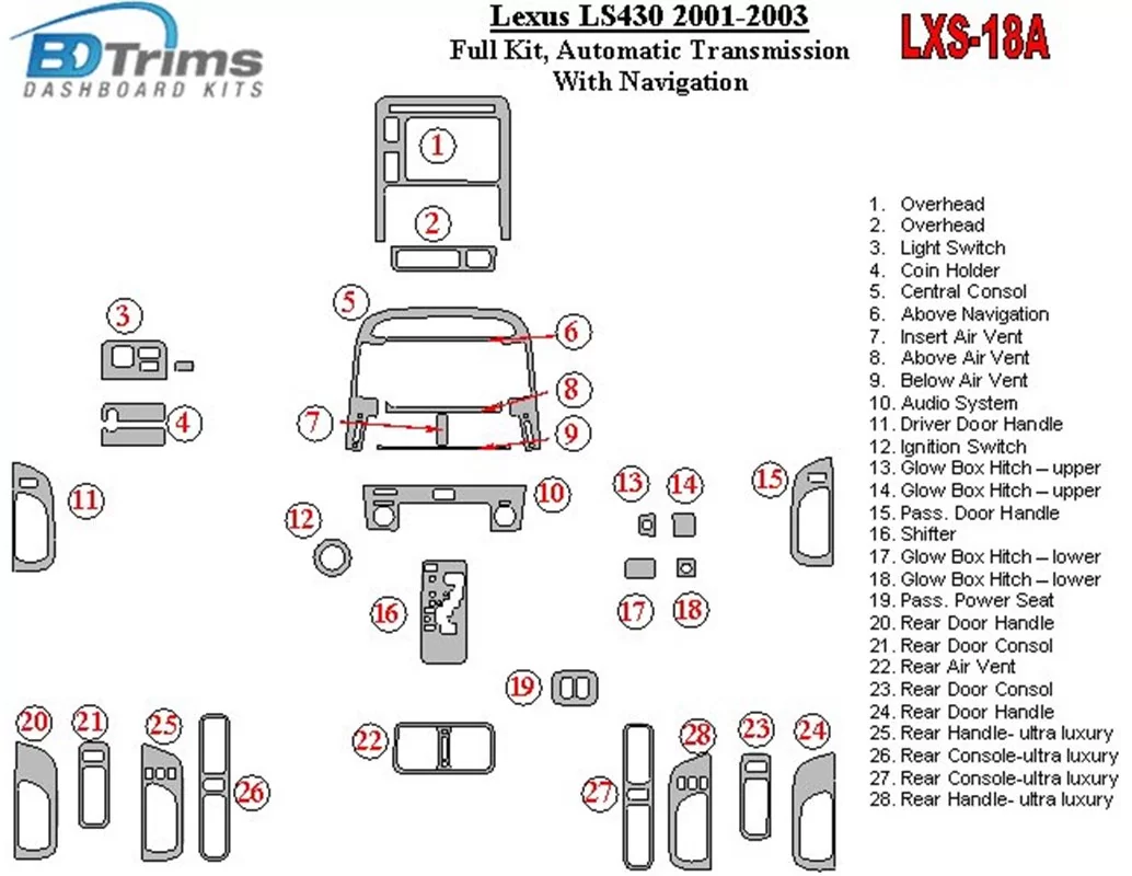 Lexus LS 2001-2003 Full Set, Automatic Gear, With NAVI Interior BD Dash Trim Kit - 1 - Interior Dash Trim Kit