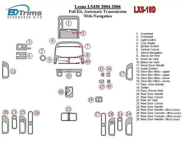 Lexus LS 2004-2006 Volledige set, automatische versnelling, met navigatie Interieur BD Dash Trim Kit - 1