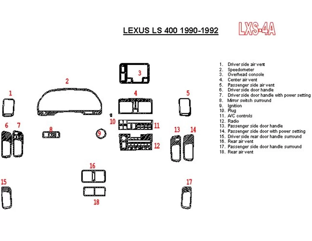 Lexus LS-400 1990-1992 Volledige set, OEM-naleving, 18-delige set Interieur BD Dash Trim Kit - 1