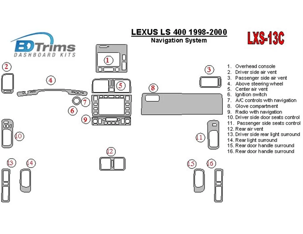 Lexus LS-400 1998-2000 Navigatiesysteem, OEM-naleving Interieur BD Dash Trim Kit - 1