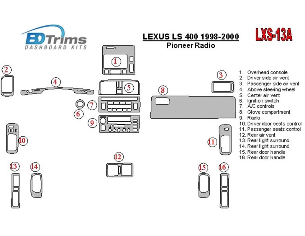 Lexus LS-400 1998-2000 Pioneer-radio, zonder NAVI-systeem, OEM-naleving Interieur BD dashboardafwerkingsset - 1