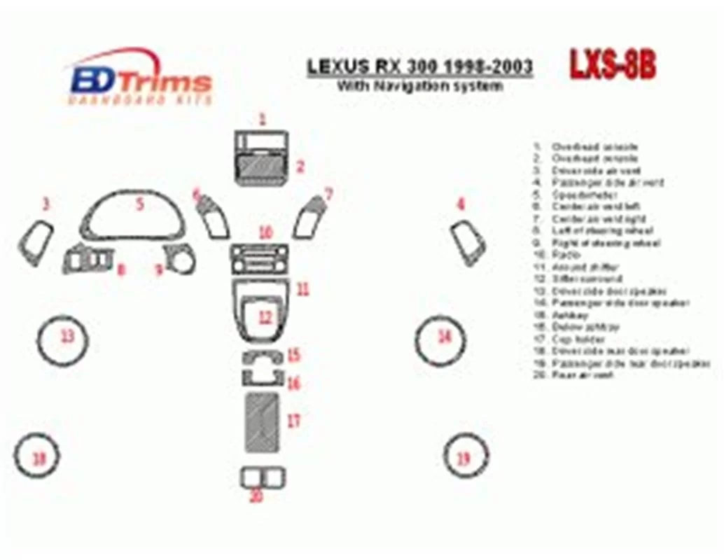 Lexus RX 1998-2003 avec système NAVI, conformité OEM, kit de garniture de tableau de bord intérieur BD de 20 pièces - 1