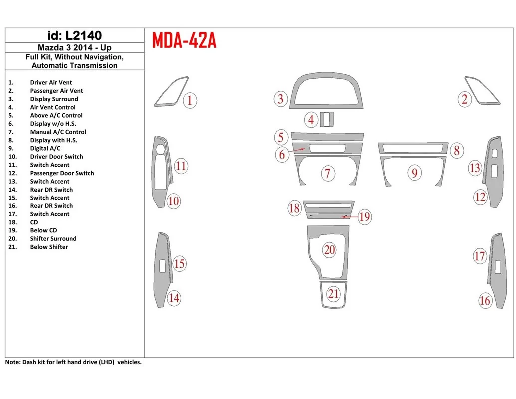 Mazda 3 2014-UP Volledige set, zonder NAVI, automatische versnellingsbak Interieur BD Dash Trim Kit - 1