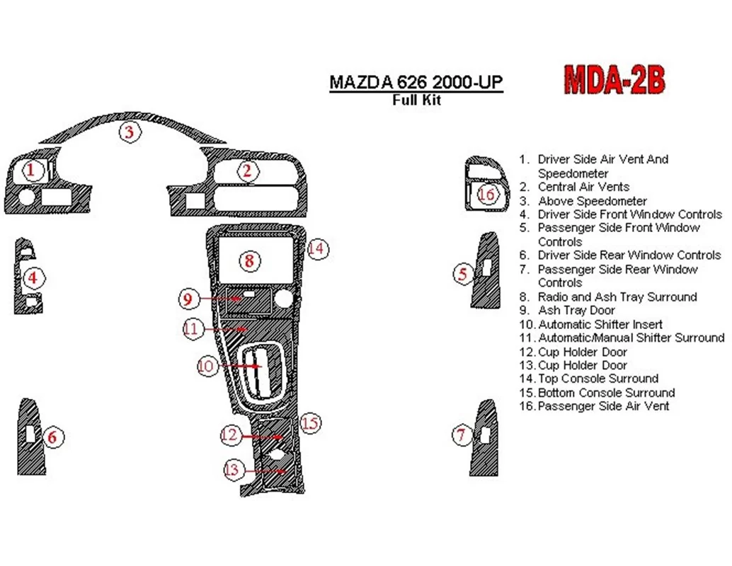 Mazda 626 2000-UP Full Set Interior BD Dash Trim Kit - 1 - Interior Dash Trim Kit