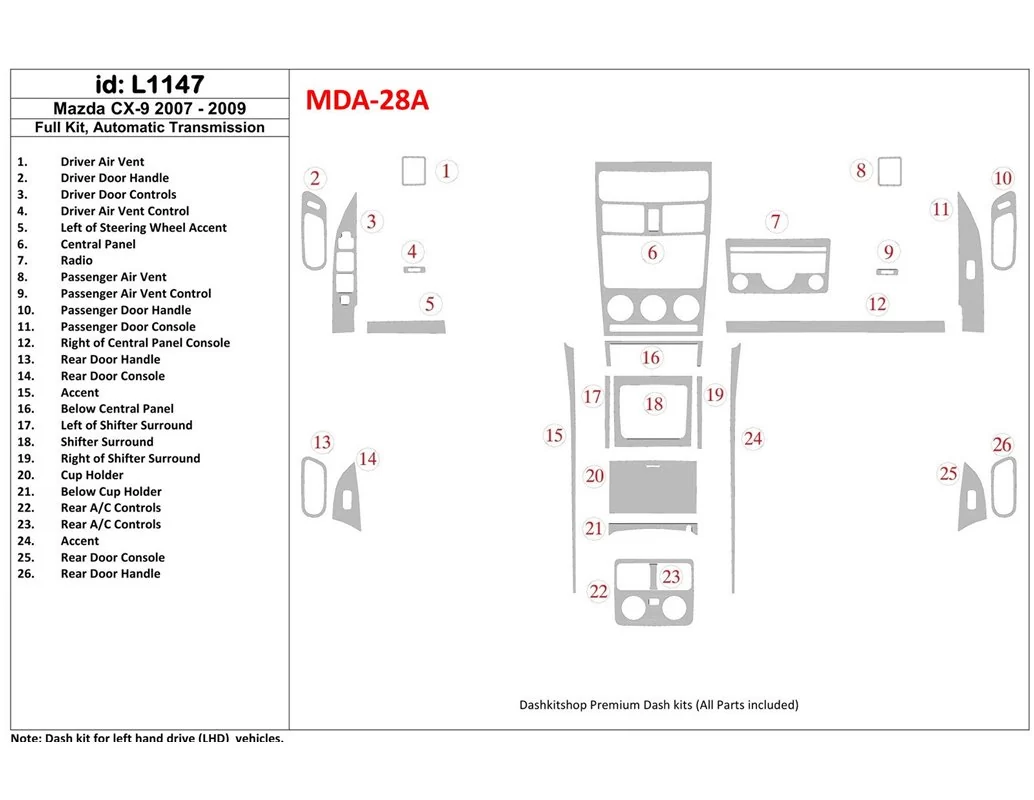 Mazda CX9 2007-2009 Ensemble complet, kit de garniture de tableau de bord intérieur BD à engrenage automatique - 1