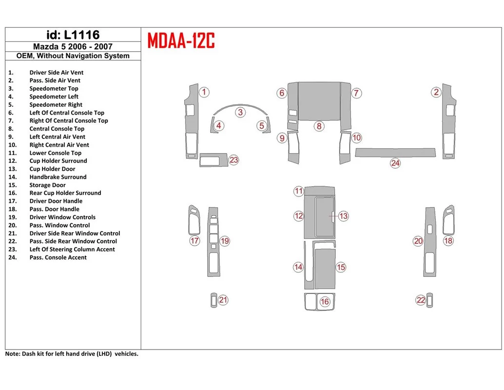 Mazda Mazda5 2006-2007 OEM, zonder NAVI Interieur BD Dash Trim Kit - 1