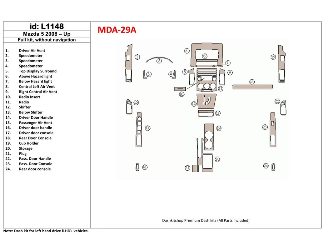 Mazda Mazda5 2008-UP Ensemble complet, sans kit de garniture de tableau de bord intérieur NAVI BD - 1