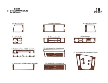 BMW Série 3 E46 Compact 04.98-12.04 Kit de garnitures de tableau de bord intérieur 3D Dash Trim Dekor 19-Parts - 2
