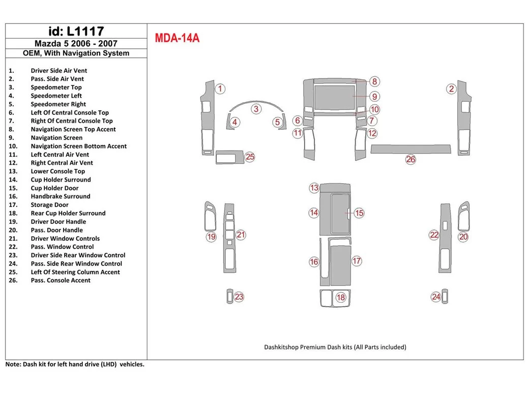 Mazda RX-7 1993-1995 Ensemble complet, ensemble de 5 pièces Intérieur BD Dash Trim Kit - 1
