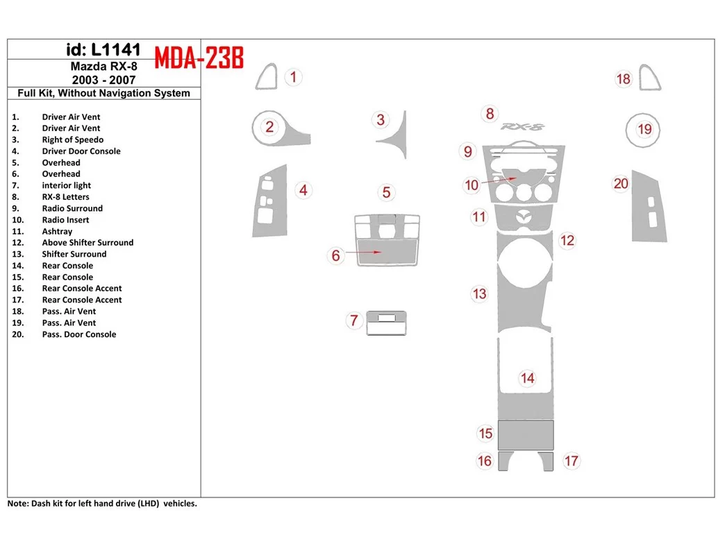 Mazda RX-8 2003-2007 Volledige set, zonder NAVI-systeem Interieur BD Dash Trim Kit - 1