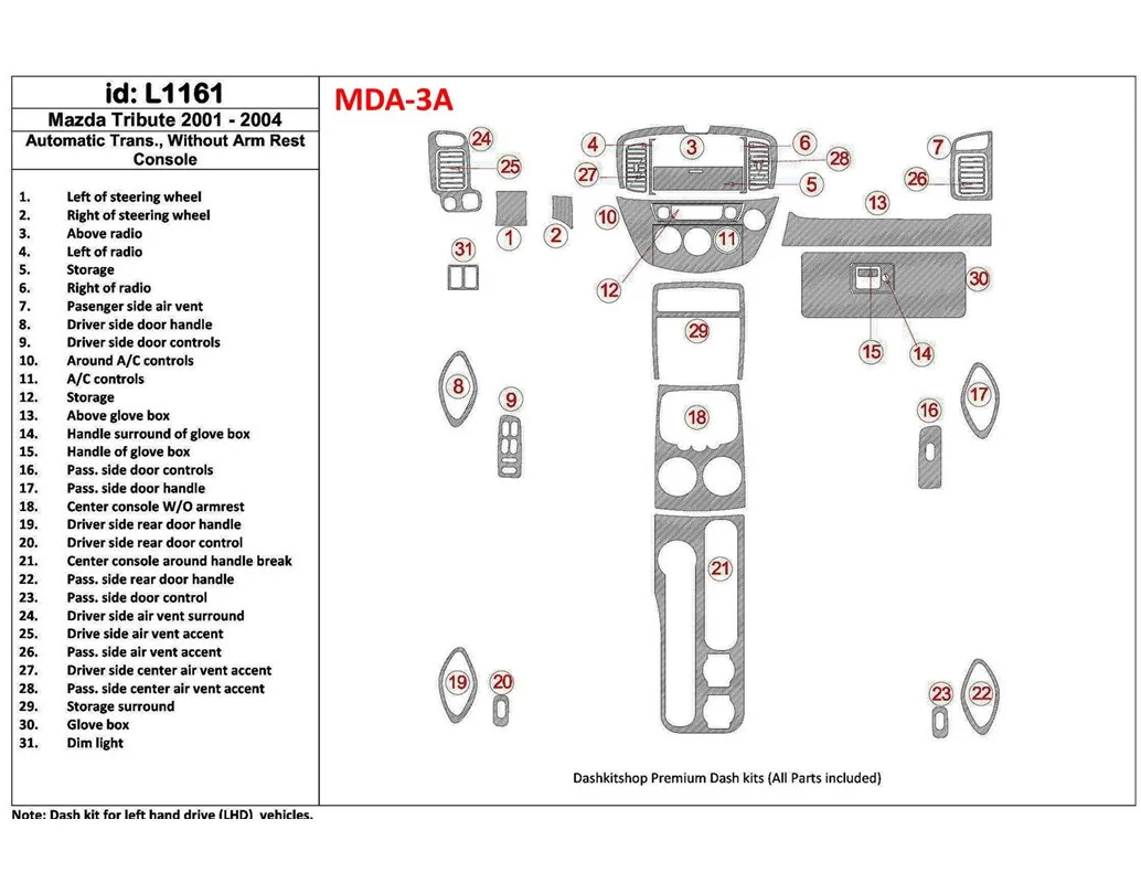Mazda Tribute 2001-2004 Automatische Versnellingsbak, Zonder Armsteun Console Interieur BD Dash Trim Kit - 1