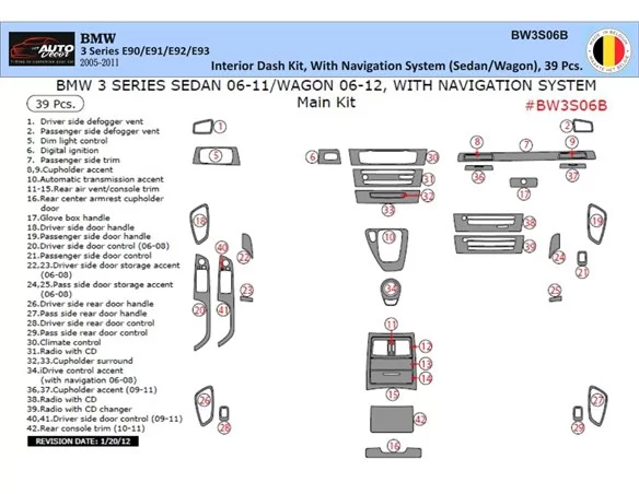 Car accessories BMW 3 Series E90 2005–2011 3D Interior Dashboard Trim Kit Dash Trim Dekor 39-Parts
