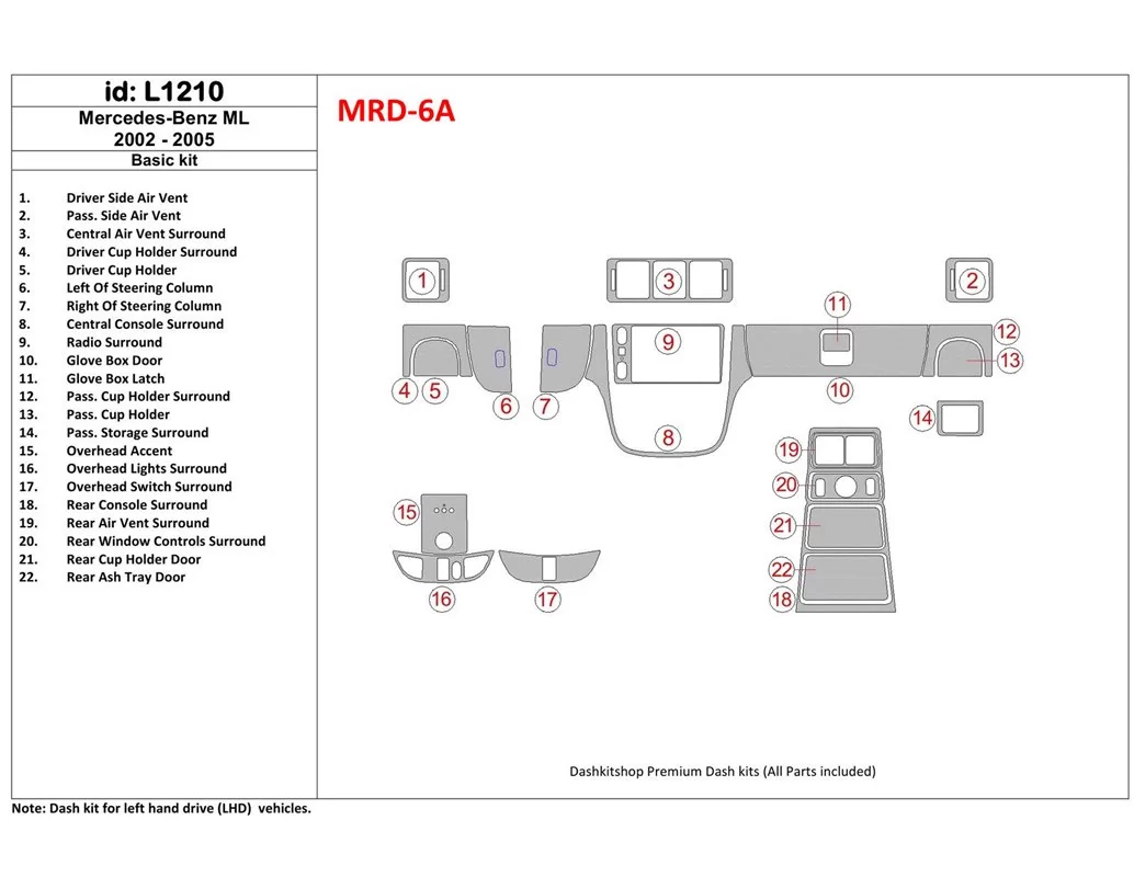 Mercedes Benz Classe M 2002-2005 Kit de base Kit de garnitures de tableau de bord intérieur BD - 1