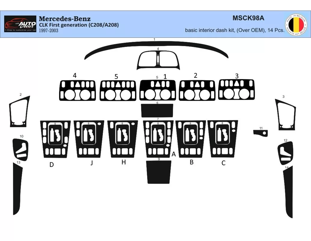 Mercedes Benz W208 CLK-Cabrio 1997-2003 Inleg dashboard Interieurset aansluitend en pasgemaakt op he 19 -Teile - 1