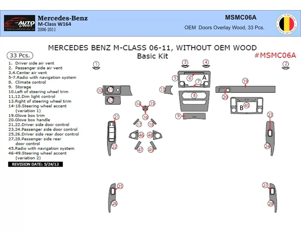 Mercedes ML-Class W164 2006-2011 Kit de garniture de tableau de bord intérieur 3D Dash Trim Dekor 33-Parts - 1