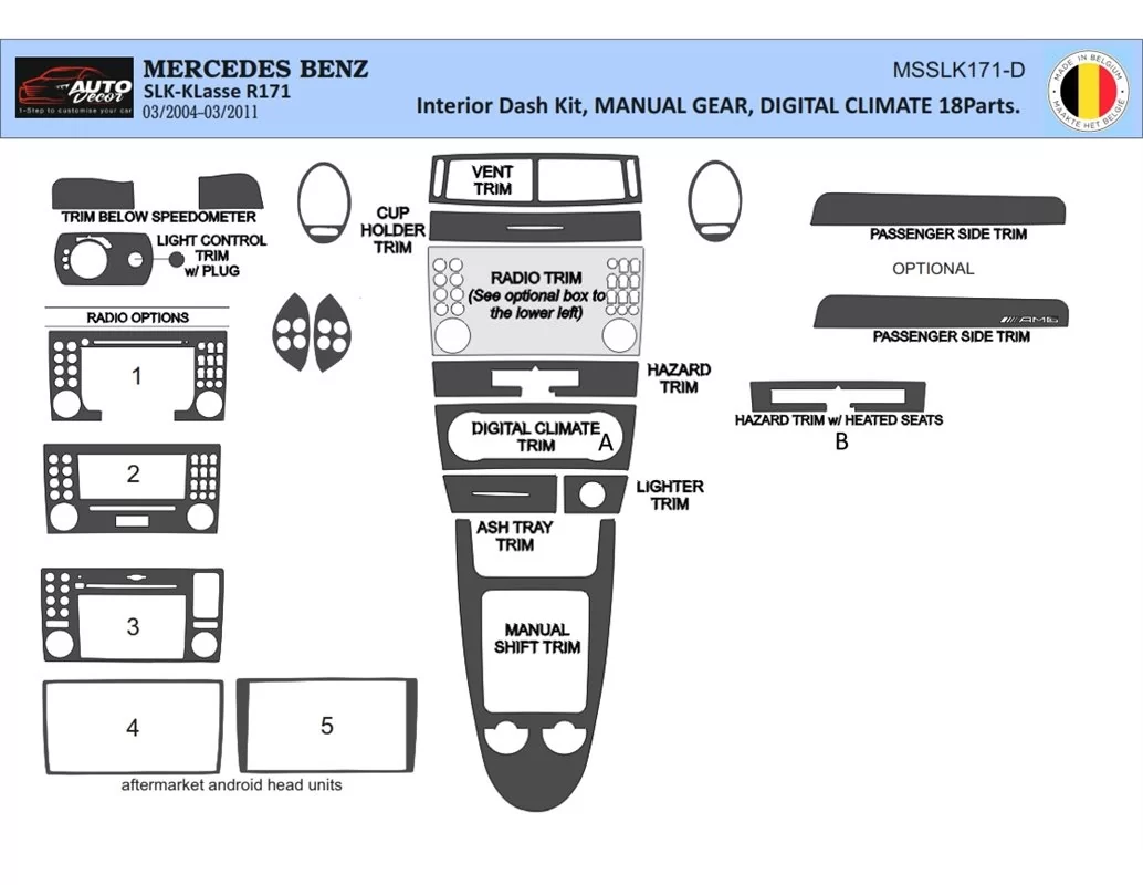 Mercedes SLK (R171) 2004-2010 Kit de garniture de tableau de bord intérieur 3D Dash Trim Dekor 18-Parts - 1